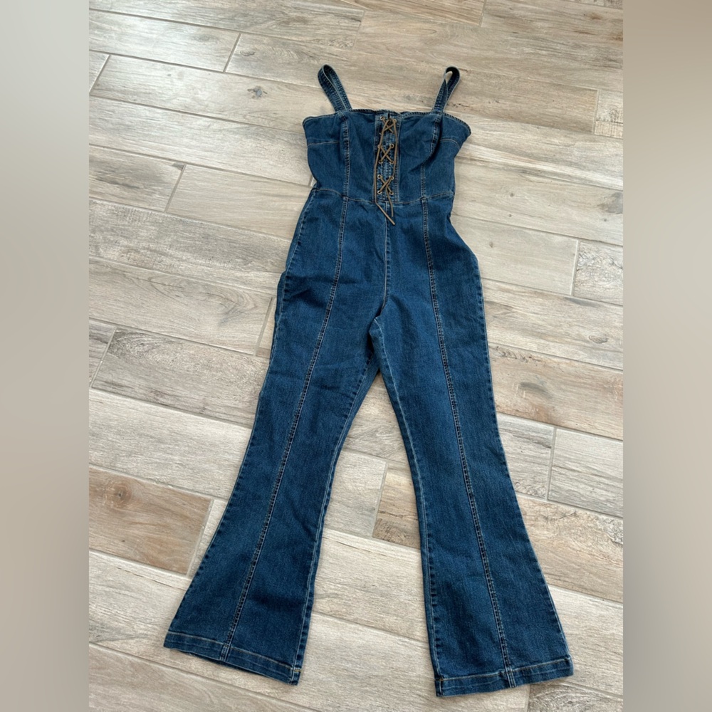 Women's Blue Denim Lace-up Overalls
